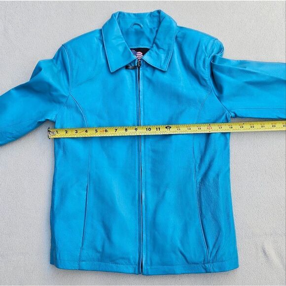 USA Teal Blue Leather Jacket - Picture 6 of 12